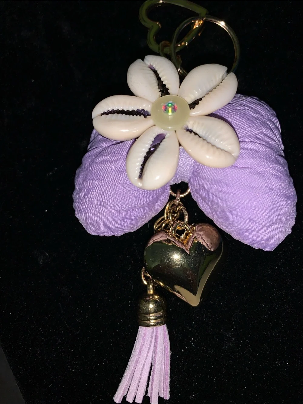 Handmade shell Bow purse/bag charm keychain with heart and tassel